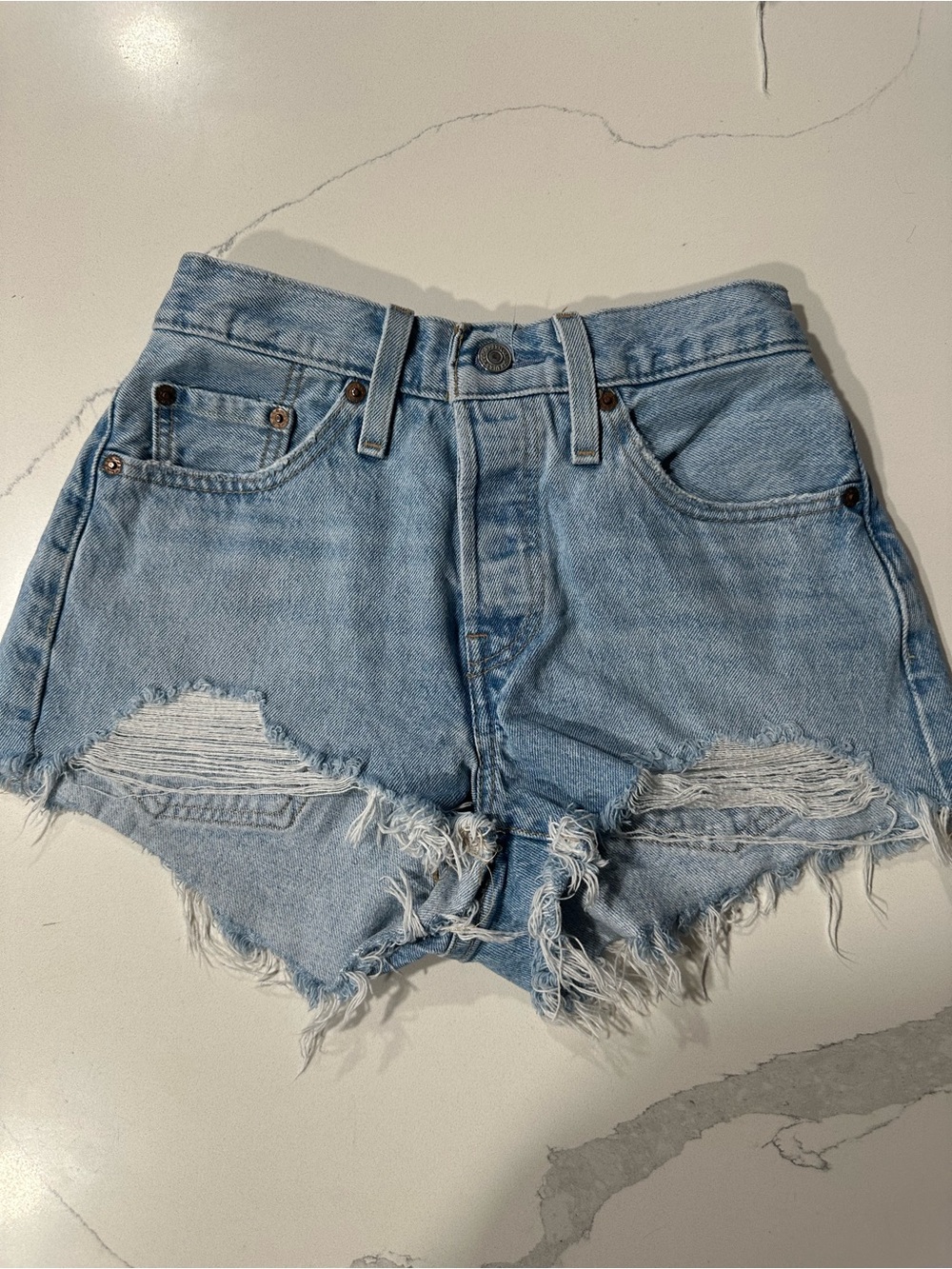 Levi's Light Blue Distressed High-Rise Denim Shorts - Picture 1 of 6